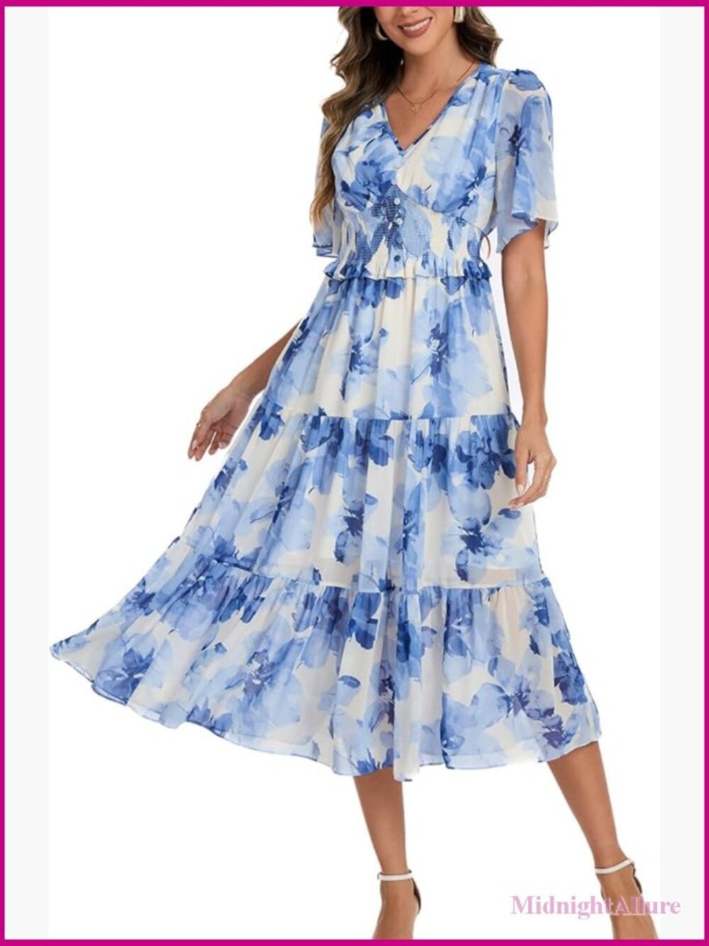 V Neck Smocked Waist Flowy Midi Dress Wedding Guest Boho Short Sleeve